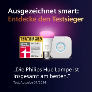 Becuri LED Philips Hue White & Color Ambiance E27 (1100lm), CASTIGATOR TEST Stiftung Warentest (01/2024), becuri LED reglabile cu 16 milioane de culori, control inteligent al iluminatului prin voce si aplicatie, pachet de 2 - Img 4