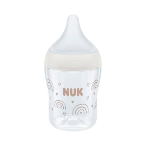 Biberon Anti-Colici NUK Perfect Match, 150 ml, 0+ luni, Tetină Silicon S, Indicator Temperatură, Design Curcubeu