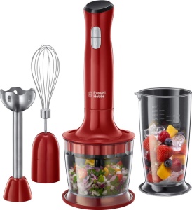 Blenderul de mana Russell Hobbs [3 in 1: blender de mana/tocator, blender si atasament pentru tel] Desire Red (accesoriu fara BPA si care poate fi spalat in masina de spalat vase, pentru smoothie-uri, sosuri de supa, iaurt pentru bebelusi) 24700-56