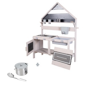 Bucatarie de joaca pentru copii Roba, din lemn FSC, gri, cu accesorii si design de casa - Img 5