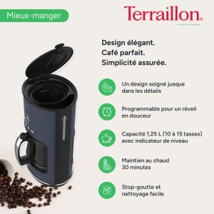 Cafetiera programabila Terraillon New Moon, 1.25L, 1080W, functie anti-picurare, albastru - Img 3