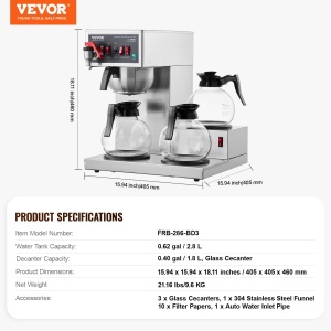 Cafetiera VEVOR FRB-286-BD3 12 Cesti 3 Carafe Sticla Inox - Img 7