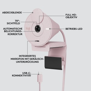 Camera web Logitech Brio 300 Full HD cu ecran de confidentialitate, microfon cu anulare a zgomotului, USB-C, certificata pentru Zoom, Microsoft Teams, Google Meet, Streaming, Corectie automata a luminii - Roz - Img 7