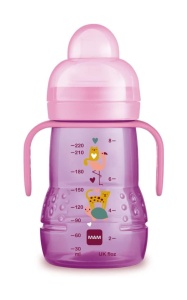 Cana de antrenament MAM Trainer, 220 ml, roz, cu manere detasabile
