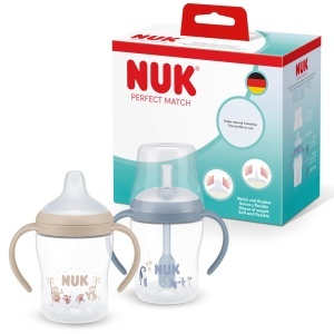 Cana de invatare NUK Perfect Match cu pai 150 ml 6 luni albastra set 2 bucati