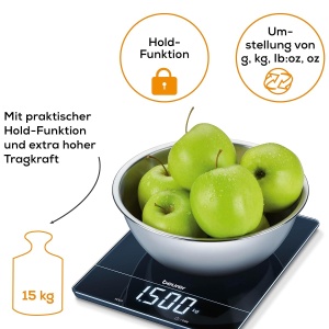 Cantar de bucatarie Beurer KS 34, capacitate 15 kg, cu functie Tara, display LED, negru - Img 6