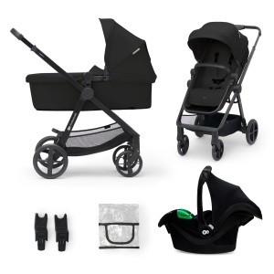 Carucior Kinderkraft NEW 3 in 1, Set complet pana la 22 kg, Scaun auto pentru copii I-Size 40-75 cm in set, Carucior combinat cu sac pentru picioare, Baldachin impermeabil cu UPF50+, pliabil, pozitie culcat, negru - Img 1