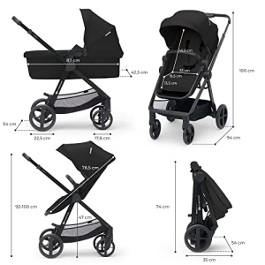 Carucior Kinderkraft NEW 3 in 1, Set complet pana la 22 kg, Scaun auto pentru copii I-Size 40-75 cm in set, Carucior combinat cu sac pentru picioare, Baldachin impermeabil cu UPF50+, pliabil, pozitie culcat, negru - Img 11
