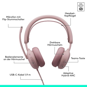 Casti audio Logitech Zone Wireless 2 ES pentru Business, Bluetooth, ANC, Roz - Img 6