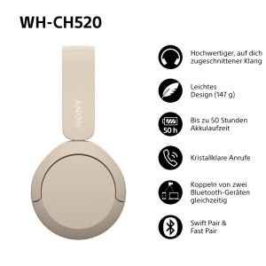 Casti audio Sony WH-CH520, Bluetooth, 50 ore autonomie, bej - Img 3