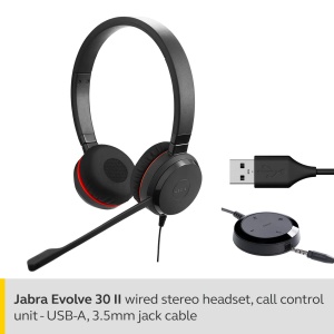 Casti stereo Jabra Evolve 30 UC - Casti de comunicatii unificate pentru softphone VoIP cu anulare pasiva a zgomotului - Cablu USB cu controler - Negru - Img 2