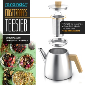 Ceainic Arendo 1000 ml inox cu perete dublu manere din lemn filtru pentru ceai vrac argintiu - Img 3