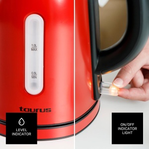 Ceainic electric Taurus Vintage Compact Red | 2400 W | 1 L | Baza 360deg | Oprire automata | LED | maner ergonomic | Viziera de apa | Otel inoxidabil | Indicator de cupa | Rosu - Img 6