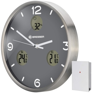 Ceas de perete Bresser MyTime io NX, 30 cm, gri, cu termometru si higrometru