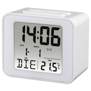 Ceas de perete digital Hama, mic, alb, cu iluminare si functie snooze