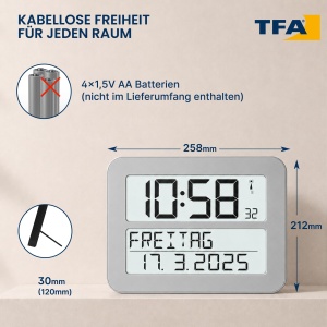 Ceas de perete digital TFA Dostmann Timeline Max, cu alarma, argintiu - Img 7