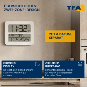 Ceas digital TFA Dostmann Timeline Max, alb, cu functie de alarma si afisaj mare - Img 3
