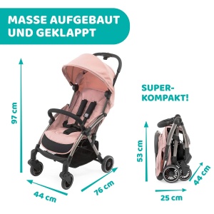 Chicco Cheerio Carucior compact de la 0 la 15 kg, ultra-usor, pliabil si rabatabil cu pozitie de dormit, inchidere automata, umbrela de soare si husa de ploaie, Blossom, negru - Img 6
