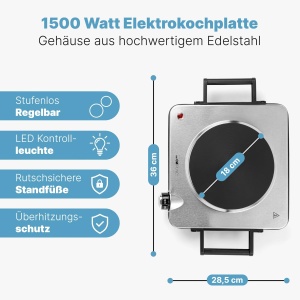 Clatronic(r) Placa de gatit electrica cu 1500W | Plita 1 plita pentru bucatarie, birou sau camping | plita electrica cu reglare continua a temperaturii | O singura placa de gatit din otel inoxidabil | EKP 3788 - Img 2