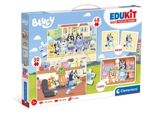 Clementoni Edukit 4 in 1 Bluey (Memo, Puzzle 30 si 48 pies, 6 zaruri) - Jocuri educative pentru copii - Joc de memorie si logica 18320