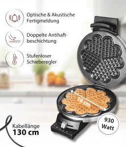 Cloer 189 Aparat pentru Wafe Inima 16 cm Antiaderent Inox 930W - Img 2