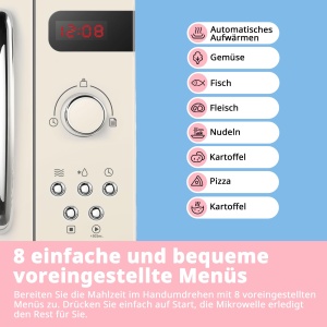 Comfee CMSRO 20 di cr Cuptor cu microunde in stil retro / Cuptor cu microunde retro cu 8 meniuri automate, 5 niveluri de putere de gatit, buton de gatit expres, buton de gatit expres, 20L, 800W, crema de caise - Img 4