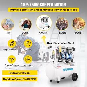 Compresor de aer silentios VEVOR 25L 750W fara ulei 60 dB cu ventilator incorporat - Img 3