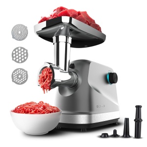 Concasor de tocat carne Cecotec 1400, 1360W, tocare, zdrobire, taiere, 3 insertii, 1 lama din otel inoxidabil, 1,5 kg carne pe minut, blocare de siguranta, miscare de retur, otel inoxidabil - Img 1