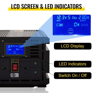 Convertor de tensiune VEVOR invertor cu unda sinusoidala modificata pura de 2000 W 12 V DC 240 AC indicatoare LED 4000 W ecran LCD 03 A 330 x 167 120  - Img 3