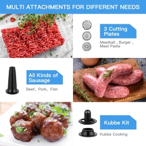 COOCHEER Masina de tocat carne electrica 5 in 1 Multi Robot de bucatarie Masina de carnati pentru tocator de carne din otel inoxidabil cu 3 discuri perforate, 4 lame conice, umplutura de carnati si atasament de patiserie pentru casa - Img 4