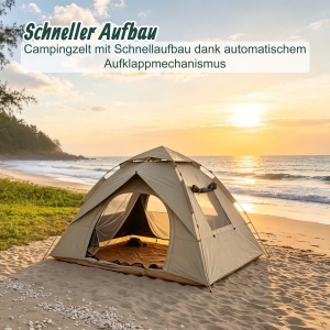 Cort de camping Relaxdays pentru 3-4 persoane, rapid de montat, UV 50, bej - Img 3