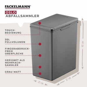 Cos de gunoi Fackelmann OSLO 20L, gri inchis, design modern, cu deschidere touch - Img 2