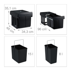 Cos de gunoi incorporabil Relaxdays, 3 compartimente, 15l si 2x8l, negru - Img 4
