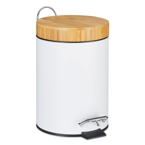 Cos de gunoi pentru baie Relaxdays, 3 l, cu capac din bambus, alb