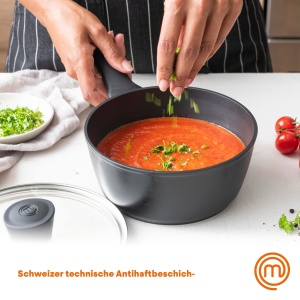 Cratita MasterChef cu capac de sticla, oale de gatit cu inductie de 20 cm, oala pentru paste, oala pentru supa, cratita din aluminiu negru, acoperita, inductie pentru oala, tigai potrivite pentru toate aragazurile, rezistente la zgarieturi - Img 3