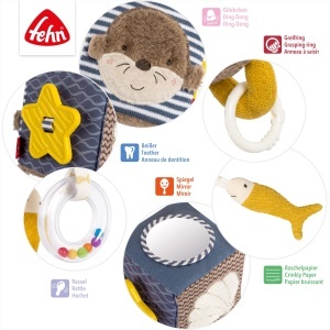 Cub de activitati pentru bebelusi Fehn Otter Theo 10x10 cm cu inel de prindere si elemente interactive - Img 3