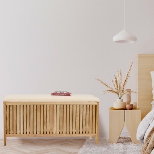 Cufar de rufe Relaxdays, 100 l, cu loc de sezut, lemnstofa, naturalcrem - Img 3
