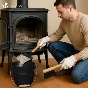 Cufar pentru cenusa VOUNOT 5L cu capac, metalic, negru, cu lopata si perie - Img 2