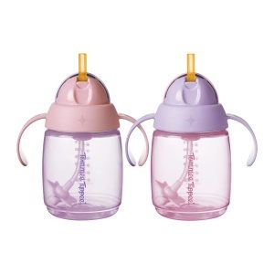 Cupa de paie Tommee Tippee Trainer, 240 ml, pahar de tranzitie pentru copii mici de sase luni in sus, cu pai din silicon ponderat si manere usor de tinut, roz si violet, pachet de 2
