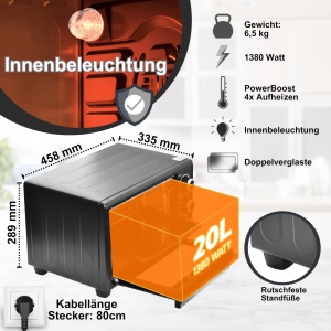 Cuptor electric mini OptimumX 20L, 1380W, Timer 60 min, Negru - Img 2