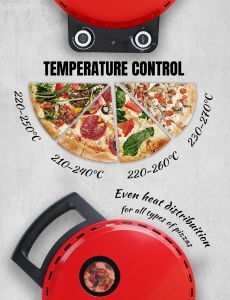 Cuptor pentru pizza Bestron pentru pizza crocanta in 5-10 minute, cuptor electric pentru pizza cu temperatura maxima de pana la 320degC, incl. piatra de argila si 2 spatule mari din lemn, Viva Italia, culoare: rosu - Img 4