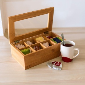 Cutie pentru ceai Relaxdays din bambus, 8 compartimente, cu fereastra, 9x28x16 cm - Img 2
