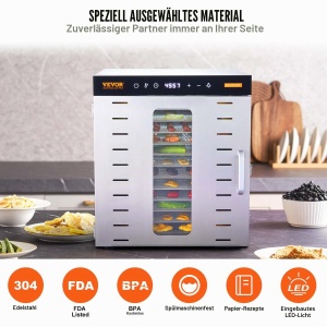 Dehydrator VEVOR SS-10X 1000 W cu 10 Tavi din Otel Inoxidabil, Timer 48 Ore - Img 5