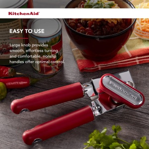 Deschizator de conserve si deschizator de sticle multifunctional KitchenAid Classic, usor de utilizat, roata de taiere din otel inoxidabil ascutita, manere ergonomice moi, rosu moale - Img 6