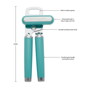 Deschizator de conserve si deschizator de sticle multifunctional KitchenAid Classic, usor de utilizat, roata de taiat din otel inoxidabil ascutita, manere ergonomice moi, Aqua Sky - Img 2