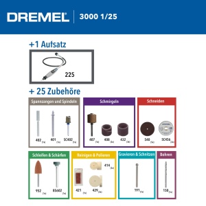 Dremel 3000 Unealta multifunctionala 130W, set de 1 atasament, 25 accesorii, viteza variabila 10.000-33.000 rpm pentru taiere, slefuire, gravare, lustruire, ascutire, curatare, sculptura - Img 9