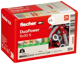 Dublu cu doua componente fischer DuoPower 6 x 30 S, 50 bucati, pentru beton si caramida