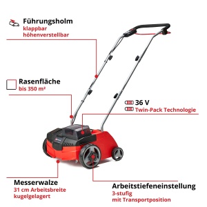 Einhell Scarificator-aerator cu acumulator GC-SC 36/31 Li-Solo Power X-Change (litiu-ion, 36 V, latime de lucru 31 cm, combinatie 3 in 1, rola cutit cu rulmenti cu bile cu 8 lame, fara baterie si incarcator) - Img 3