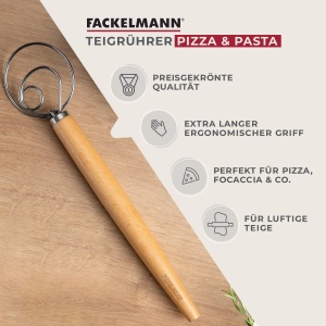 Fackelmann Agitator de aluat pentru paste, focaccia si aluat - Tel pentru aluat aerisit - Tel danez cu maner ergonomic din lemn de, argintiu/maro - Img 2