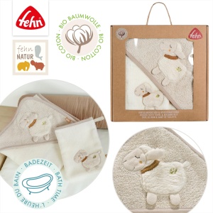 Fehn Bade Set Schaf Natur 046151 Prosop cu Gluga si Manusa din Bumbac Organic pentru Bebelusi - Img 5